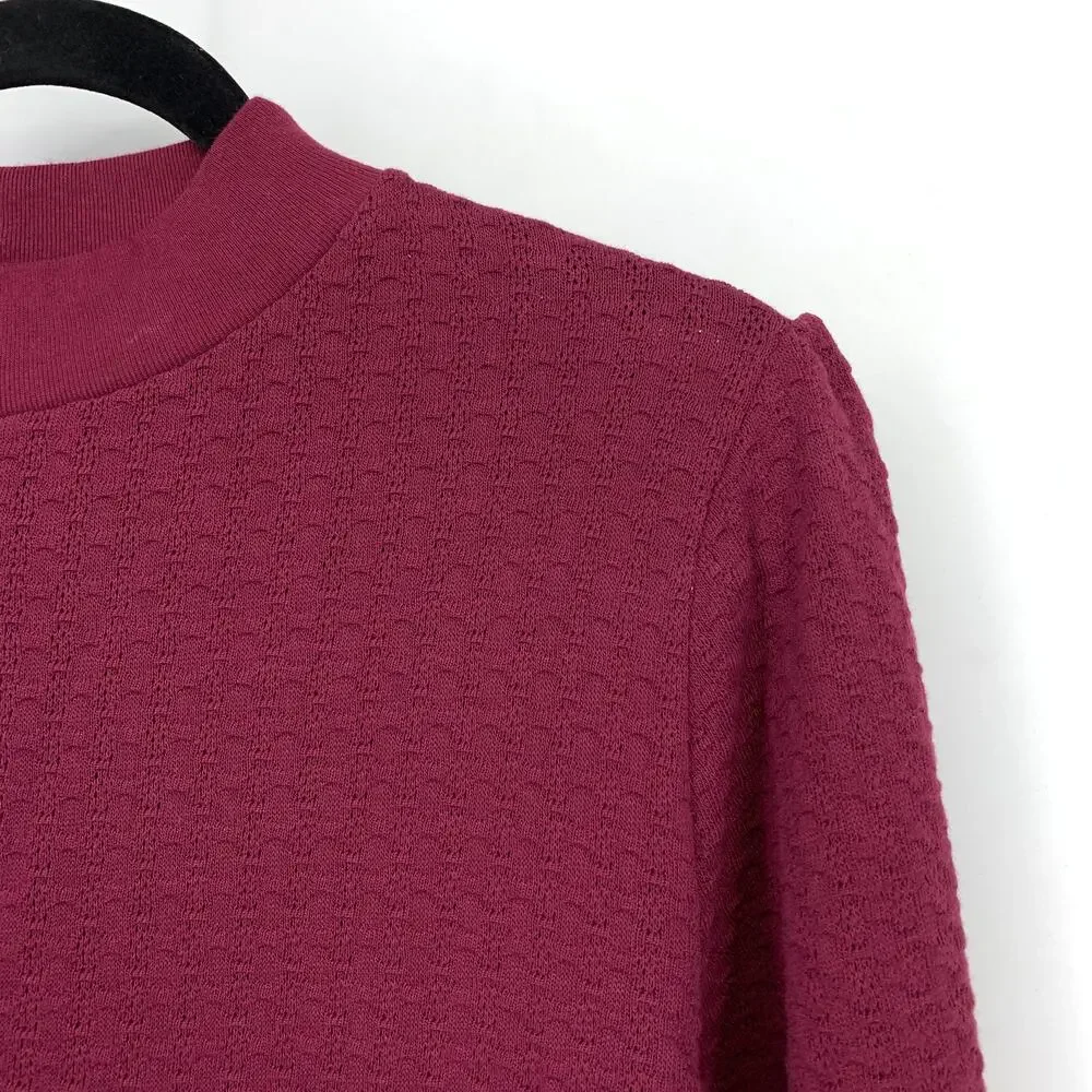 J.Crew Pointelle Mock Neck Puff Sleeve Tee Womens Size Medium Burgundy NEW